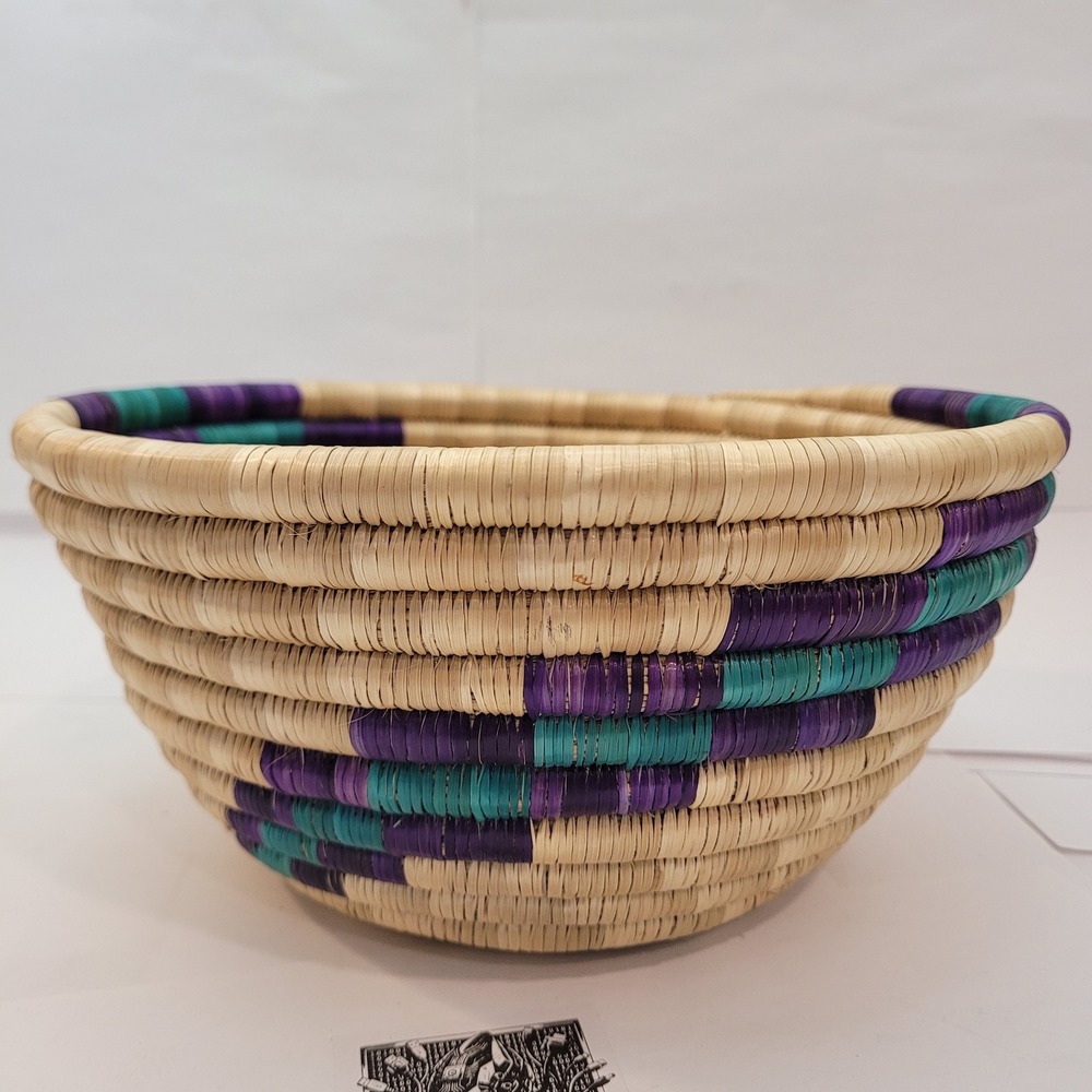 Woven Basket Bowl Home Decor Purple Teal Tan Handcrafted Coiled 9in Weave